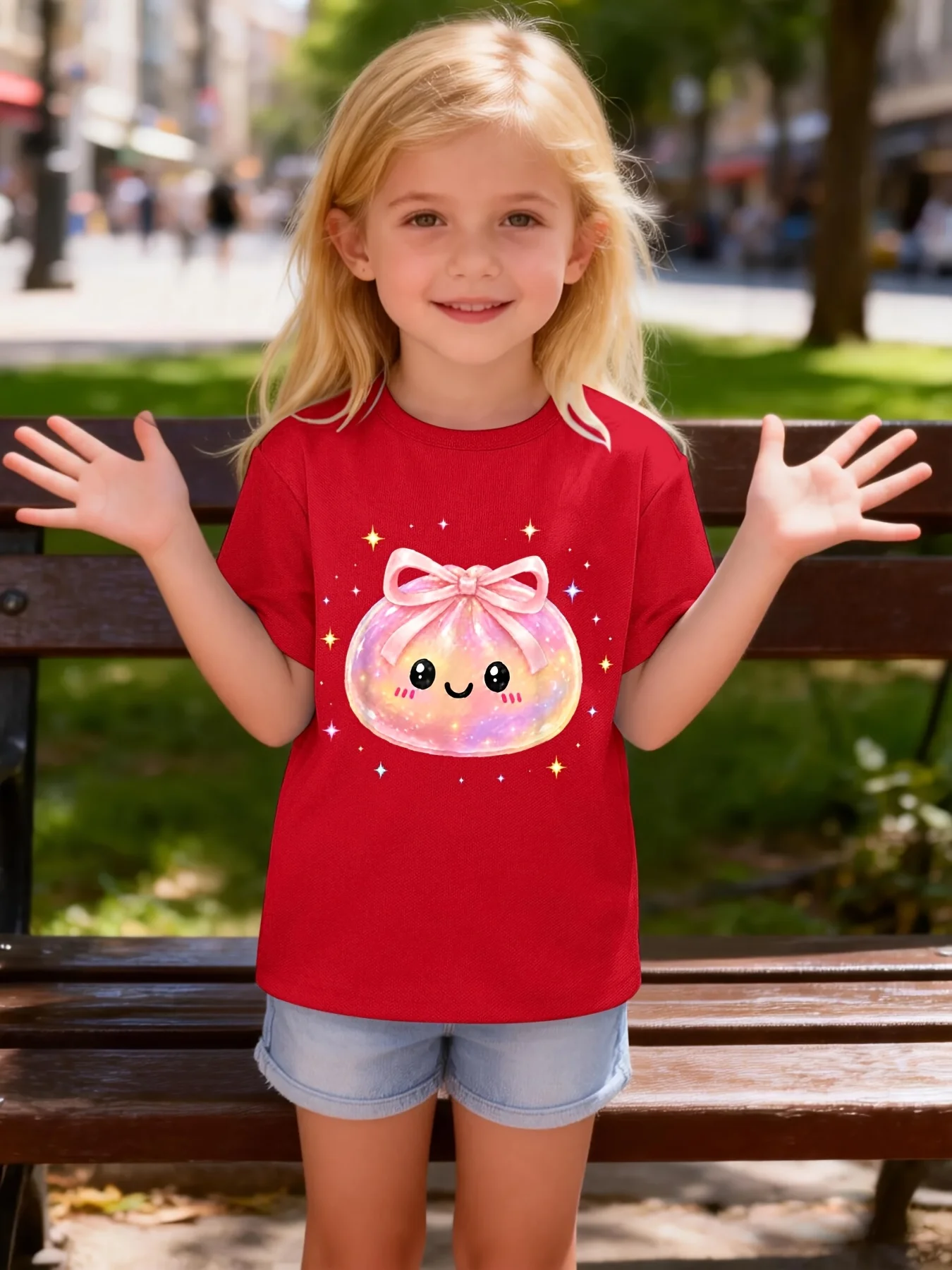Cute Glitter Cartoon Pouch With Bow Lovely Kawaii Graphic Print T Shirt Family Matching Boys Girls Kids Short Sleeve Daily Tees