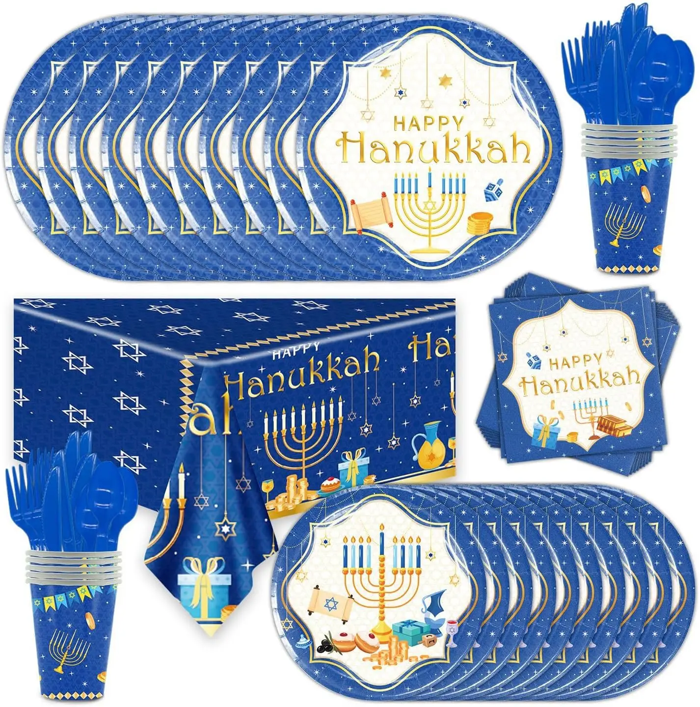 Jewish Hanukkah Supplies Chanukah Disposable Tableware Set Plates Napkins Cup For Happy Chanukah Festival Party Decorations