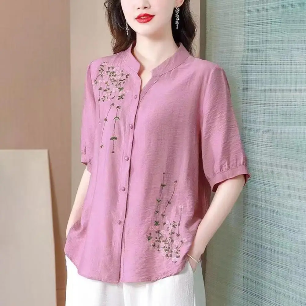 

Short-sleeve Blouse Floral Embroidery Stand Collar Women's Shirt Loose Fit Short Sleeve Summer Blouse Single Breasted Spring Top