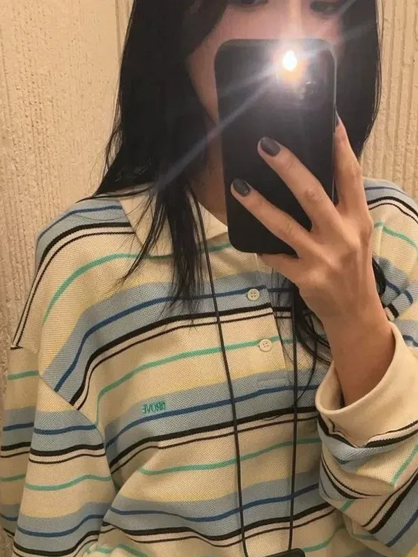 فضفاض مخطط طويل Sve تي شيرت المرأة عادية Sle خمر طوق تنوعا قمة مريحة فضفاضة تناسب الخريف وصول جديد