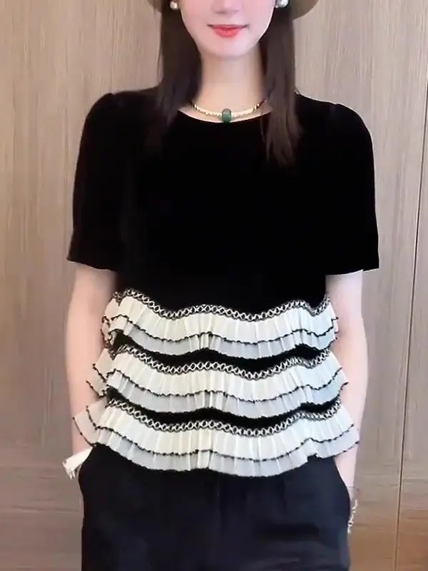 خليط مزاجه الجولة الرقبة الدانتيل اللون حجب قصيرة الأكمام تي شيرت موضة جديدة تنوعا لصيف 2025