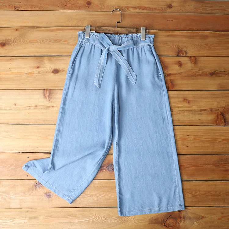 

Женские летние тонкие свободные прямые джинсовые брюки с высокой талией и широкими штанинами, повседневные, струящиеся, универсальные, с декоративным поясом