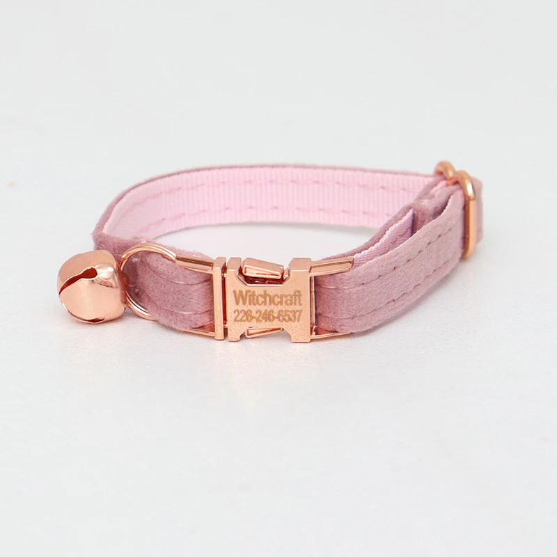 Champagne Pink Velvet Cat Collar Personalized Customized ID Tag Kitten Collars Bell Bow Cat Necklace Puppy Collar for Small Dogs