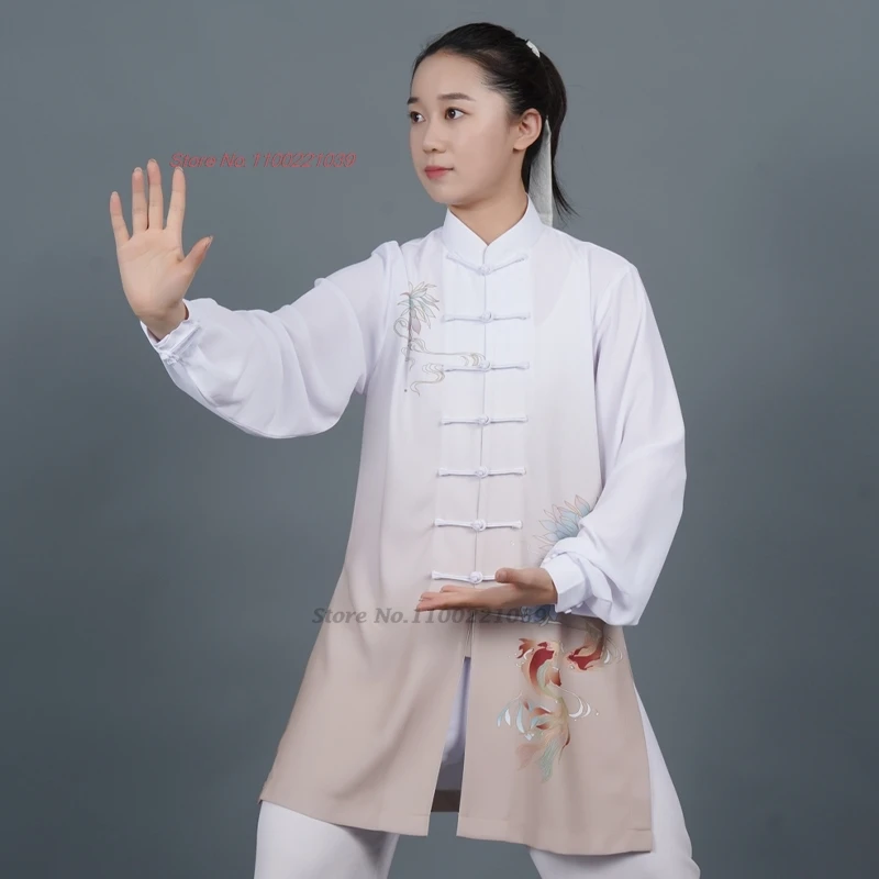 

2026 chinese tai chi kung fu martial arts wushu shaolin uniform national koi print tops+pants set wing chun training exercise