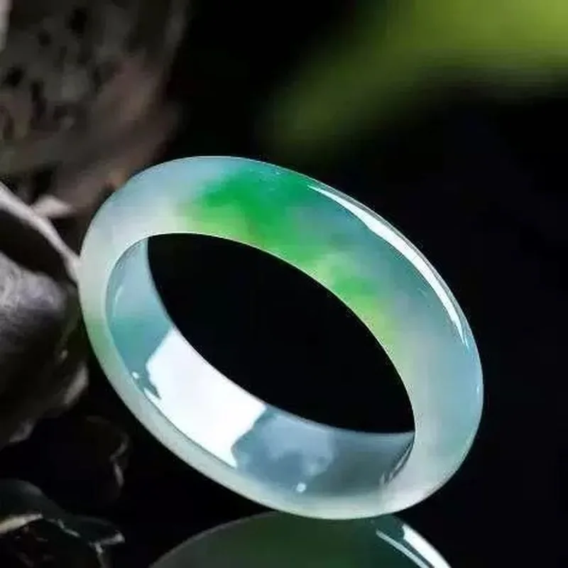 Myanmar jadeite bracelet, ice-waxy type, regular shape, spring color, green purple flowers, light white with fl view 5