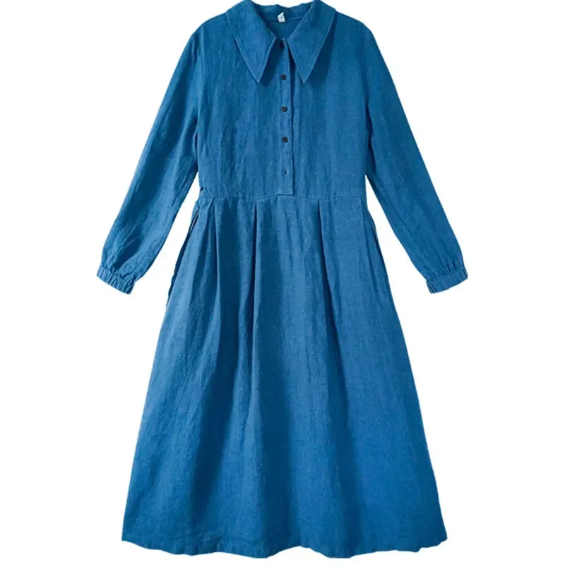 Literary Solid Color Cotton Linen Dress 2024 New Women Spring Summer Autumn Dresses Vestidos Long Sleeve Casual Shirt Dress