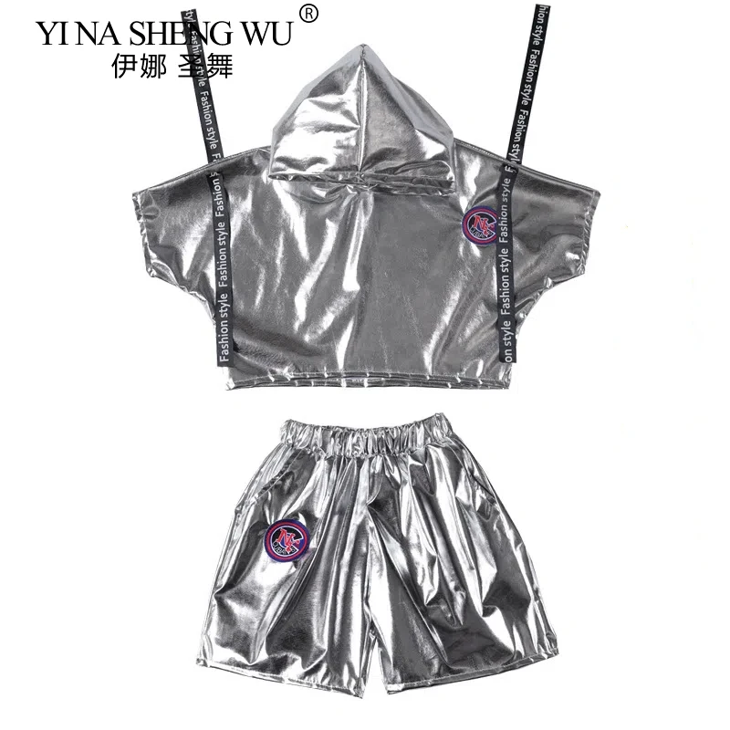Children's Hip Hop Jazz Dance Silver Jacket Shorts Set Boys and Girls Hip-hop Trend Cool Street Dance Performance Costume