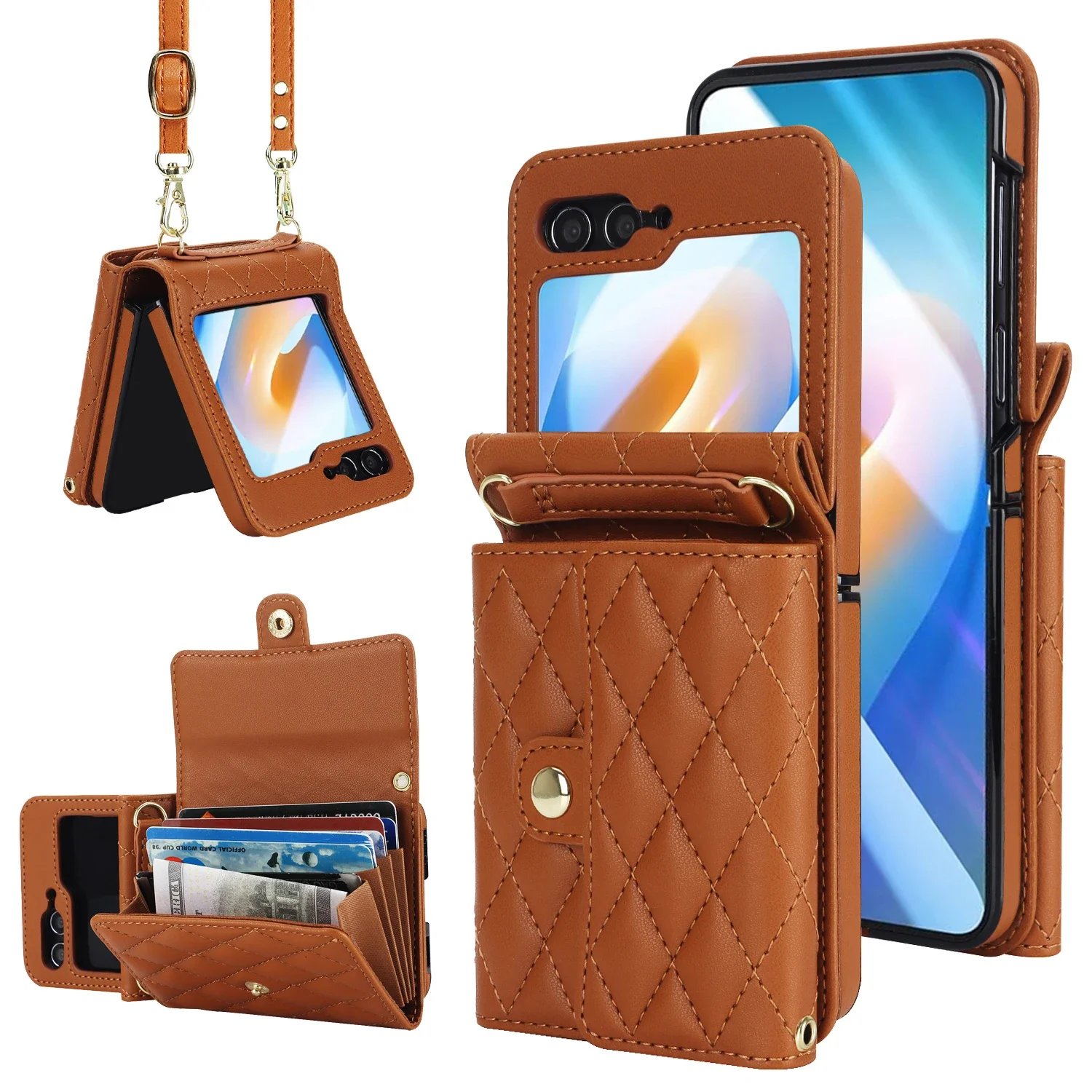 Crossbody Leather Wallet Phone Case for Samsung Galaxy Z Flip 6 5 4 3 Flip6 Flip5 Flip4 Flip3 5G Organ Card Bag Protective Cover