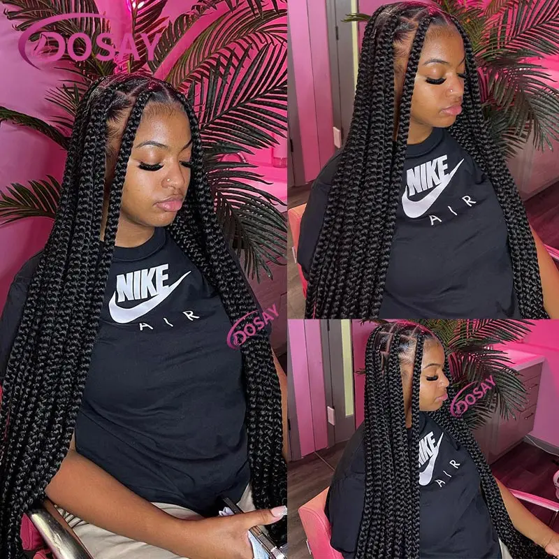 36Inch Grote Vierkante Knooploze Doos Gevlochten Pruiken Synthetische Full Lace Front Jumbo Box Gevlochten Pruik Voor Vrouwen Cornrows Vlechten Pruik