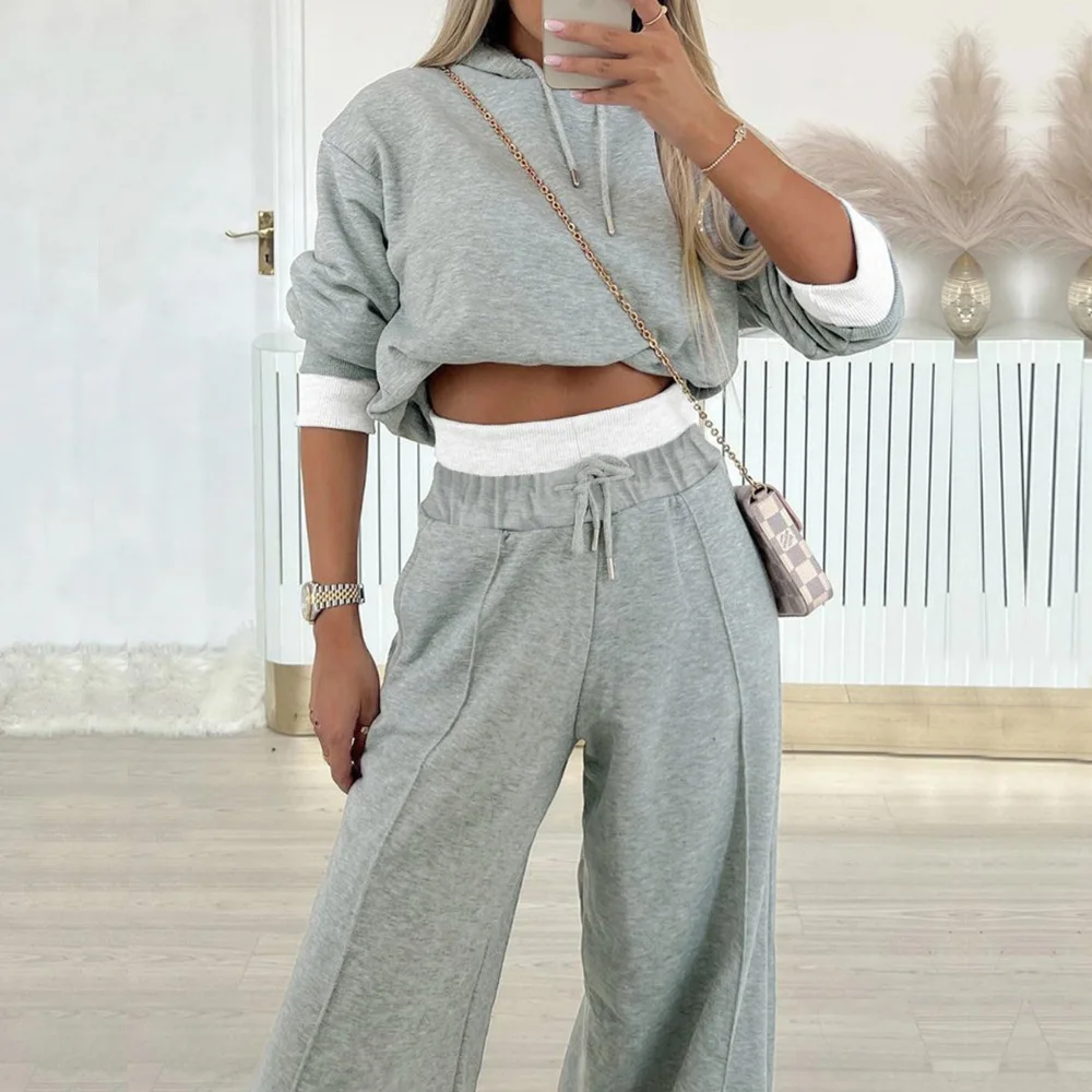 Sweat-Shirt à Capuche et Pantalon à Jambes Larges pour Femme, Streetwear Décontracté, Élégant, Deux Pièces, Y2k, Nouvelle Collection Printemps 2024