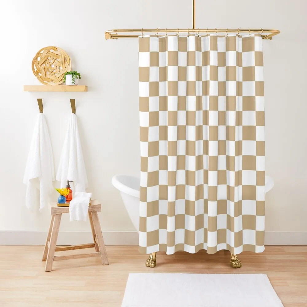 

White and Tan Brown Checkerboard Shower Curtain For Bathrooms With Beautiful Designs Window Curtain