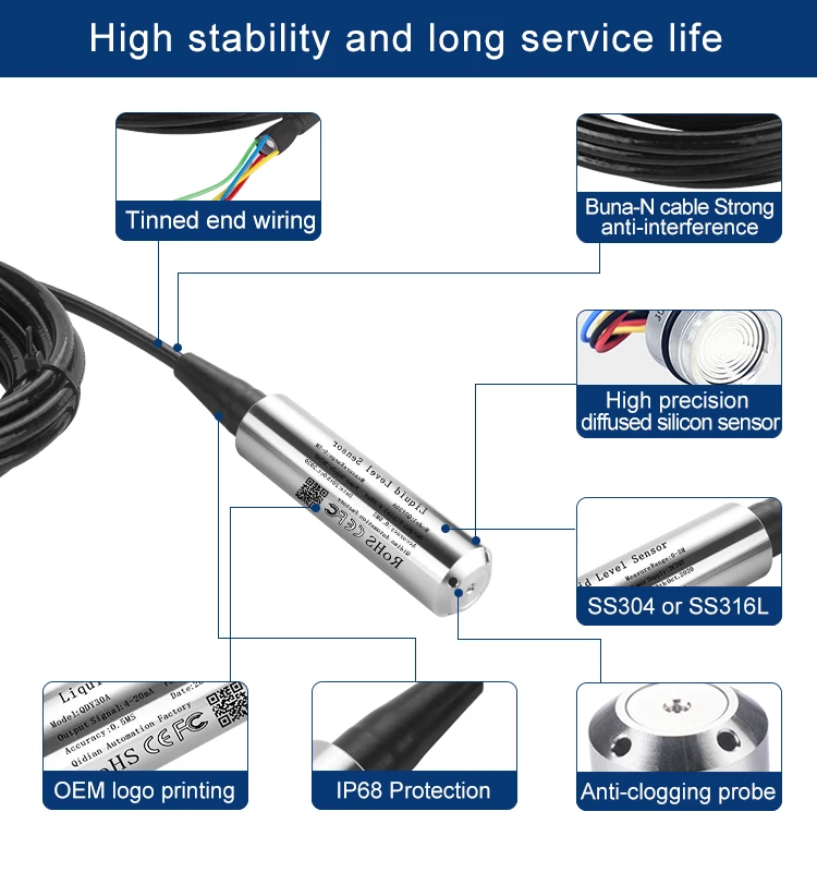 1M 2M 3M 5M Range Water Tank Level Sensor DC24V Power 4-20mA 0-10V 0-3.3V RS485 Submersible Water Level Sensor Transmitter
