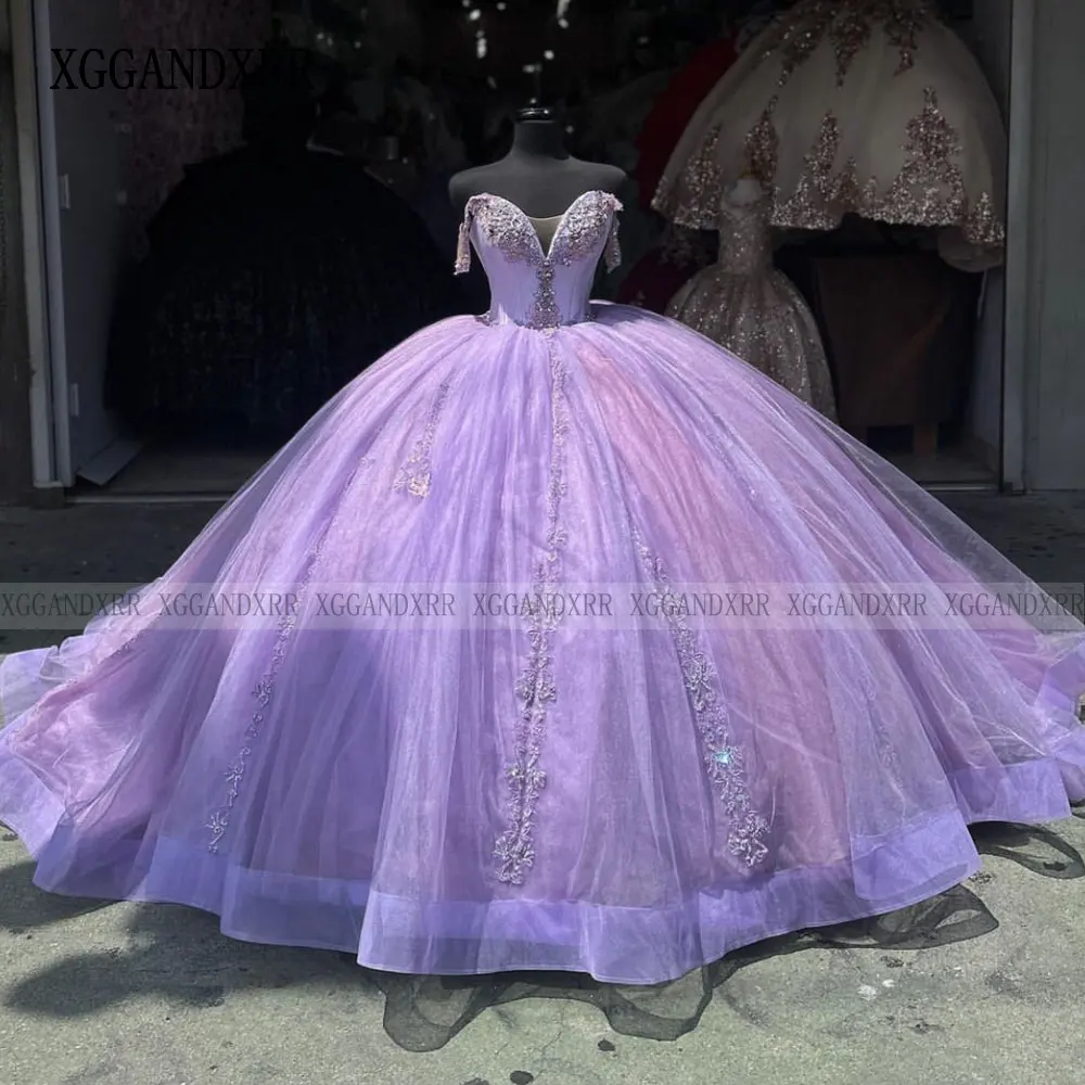 Vestido púrpura De quinceañera para niña, traje Formal De tul para fiesta De cumpleaños, 15 y 16 Años, 2024