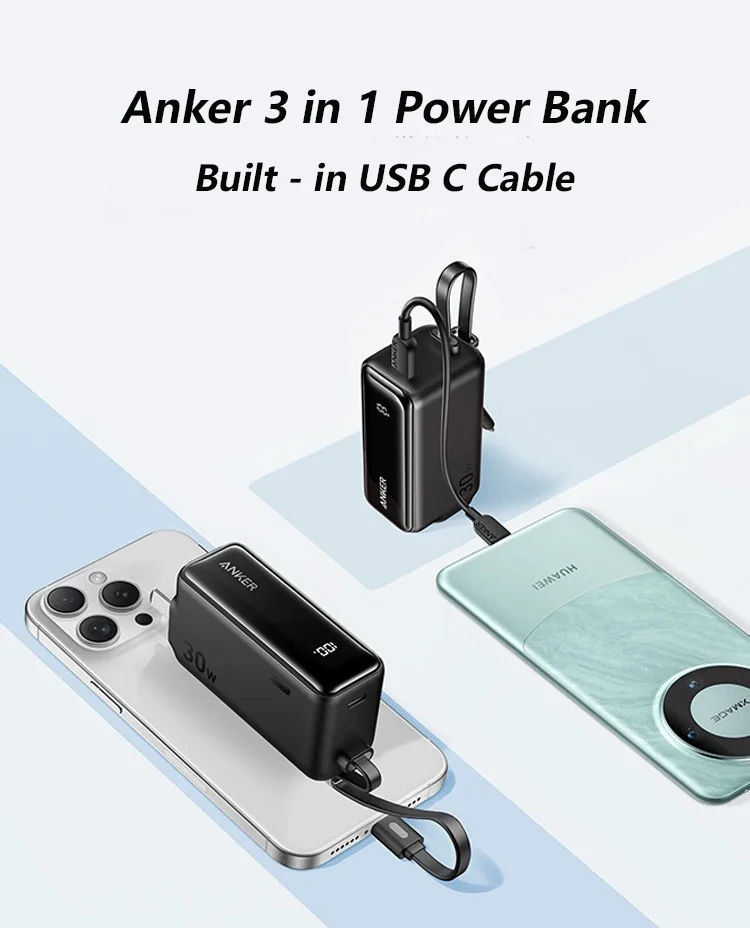 Anker 3 in 1 Hybrid Power Bank 5000 mAh 30W Power Delivery with Built-in USB C Cable for iPhone 15 Series