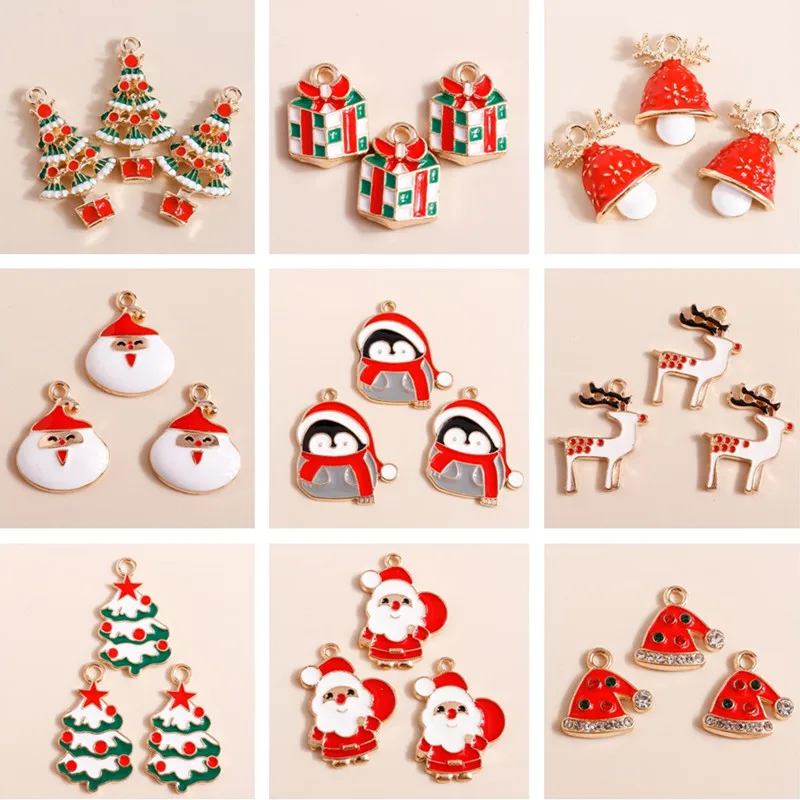 10pcs Mix Enamel Christmas Charms for Jewelry Making Santa Claus Tree Deer Hat Charms Pendants for DIY Necklaces Earrings Gifts