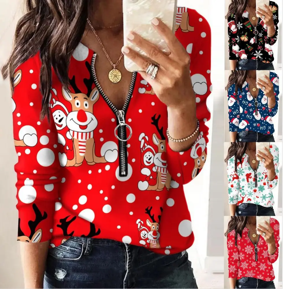 Fashion Long Sleeve Zipper Christmas Print Tops And Blouses Women 2023 Autumn Winter Causal Elk Top Femme Blouse For Women