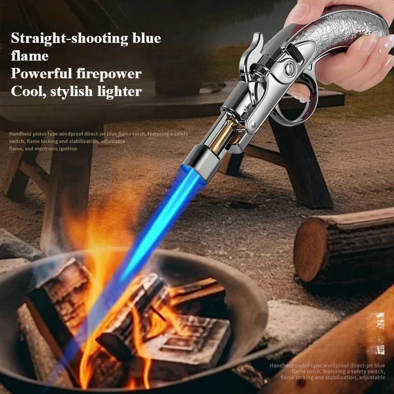 Vintage Handheld Windproof Butane Torch Lighter, Lockable High Temp Jet Flame Refillable Igniter for BBQ, Creative Men Gift