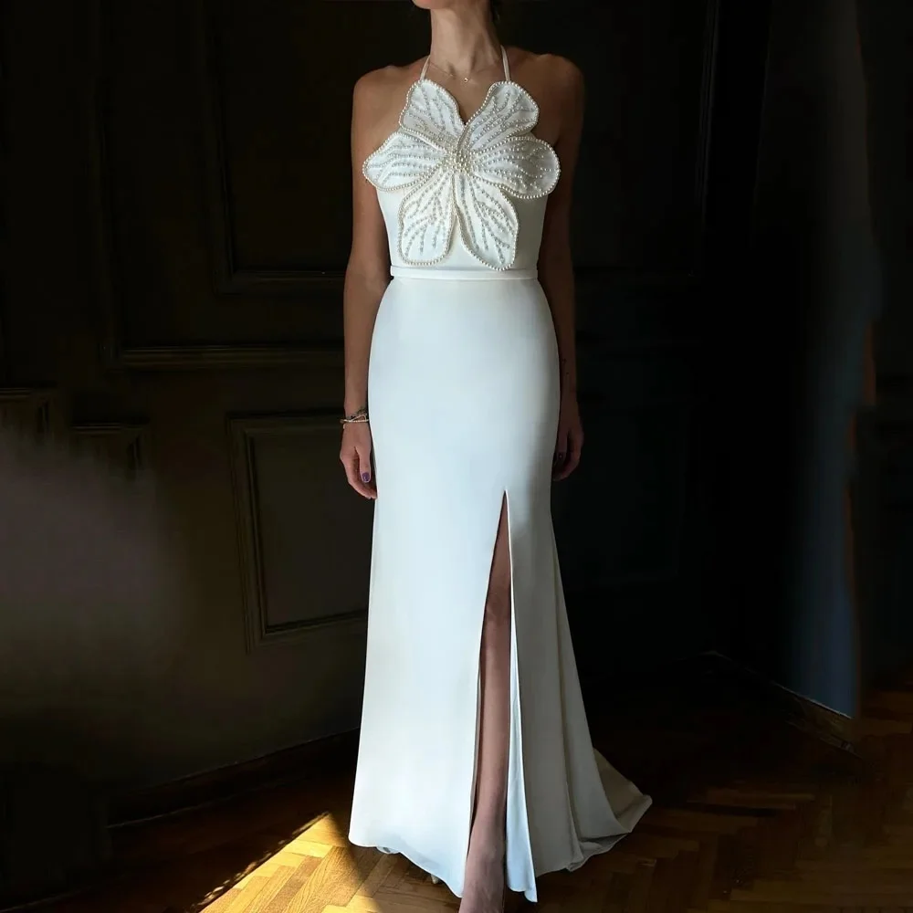 

Customized Ivory Beadings Flower Halter Mermaid 2025 Slim Crepe Sleeveless Formal Occasion Floor-Length Sleeveless Evening Gown