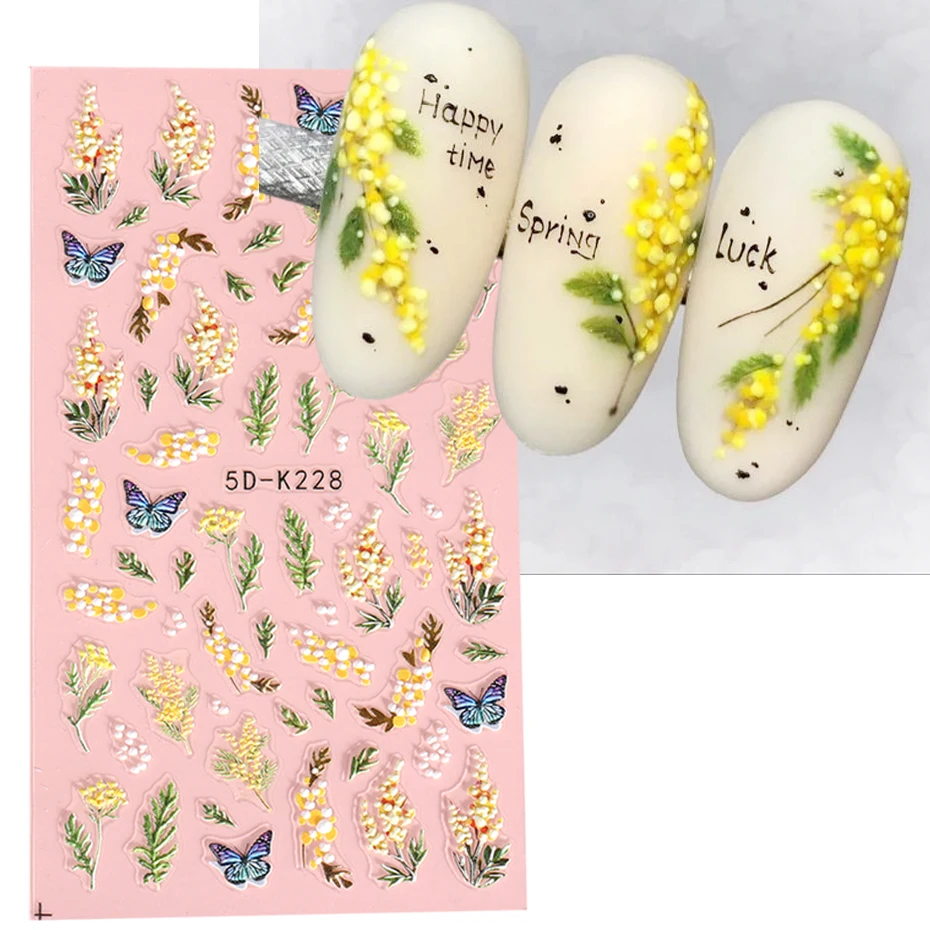1 Stück Mimosa Nagelaufkleber 5D geprägte Blumen gelb weiß Blumenblätter Nagel elegante selbstklebende Slider Abziehbilder Maniküre Dekoration