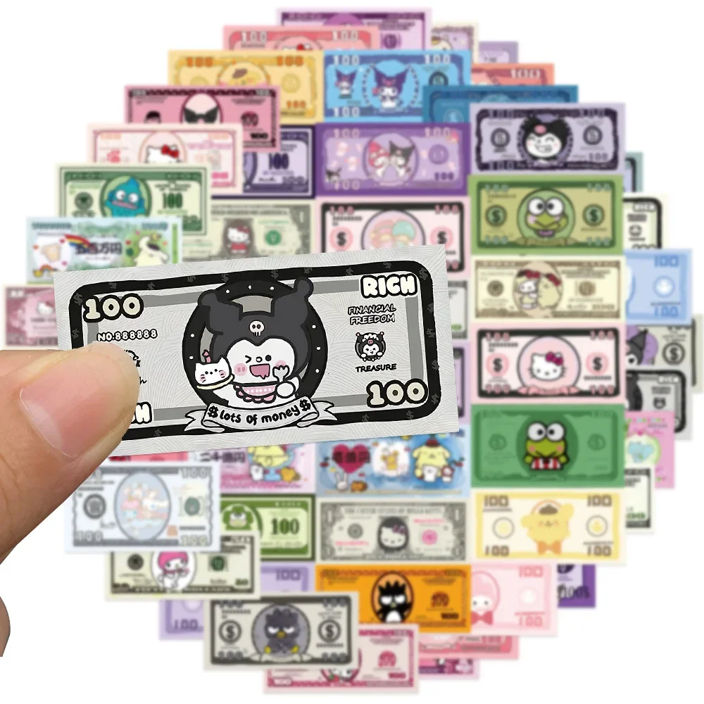 50Pcs Sanrio Creative Paper Money Stickers Cute Anime Hello Kitty Kuromi Aesthetic Decals Laptop Phone Waterproof Sticker Toys