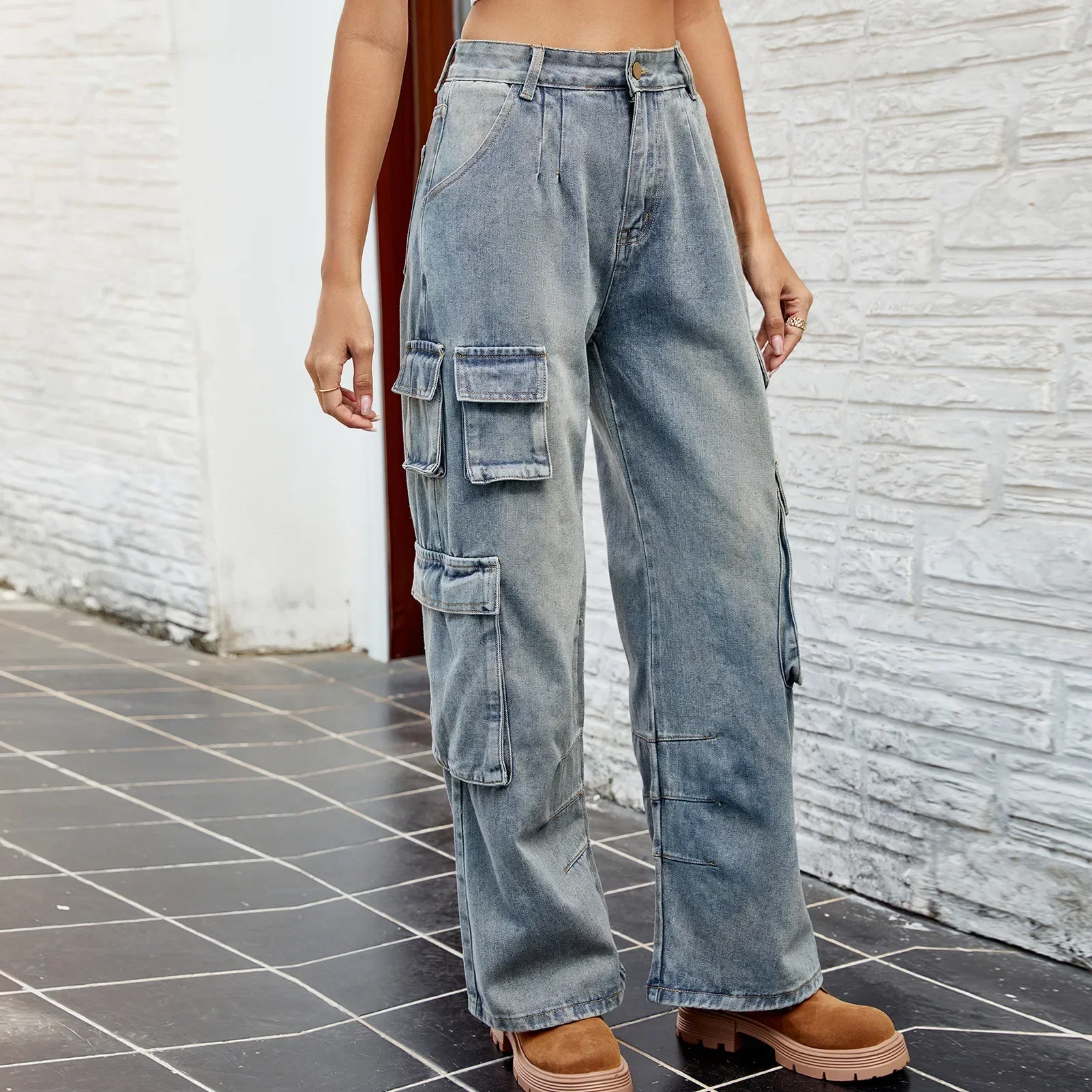 

Women Jeans Cargo Pants Washed Distressed Vintage Pockets Button Basics Denim Straight Trousers Female 2025 Casual Denims