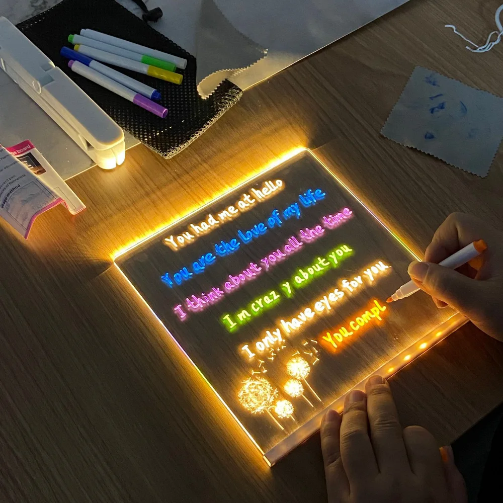 Acrylic Message Note Board LED Lamp With Bracket USB DIY Handwriting Lamp Birthday Kids Gift Bedroom Night Light