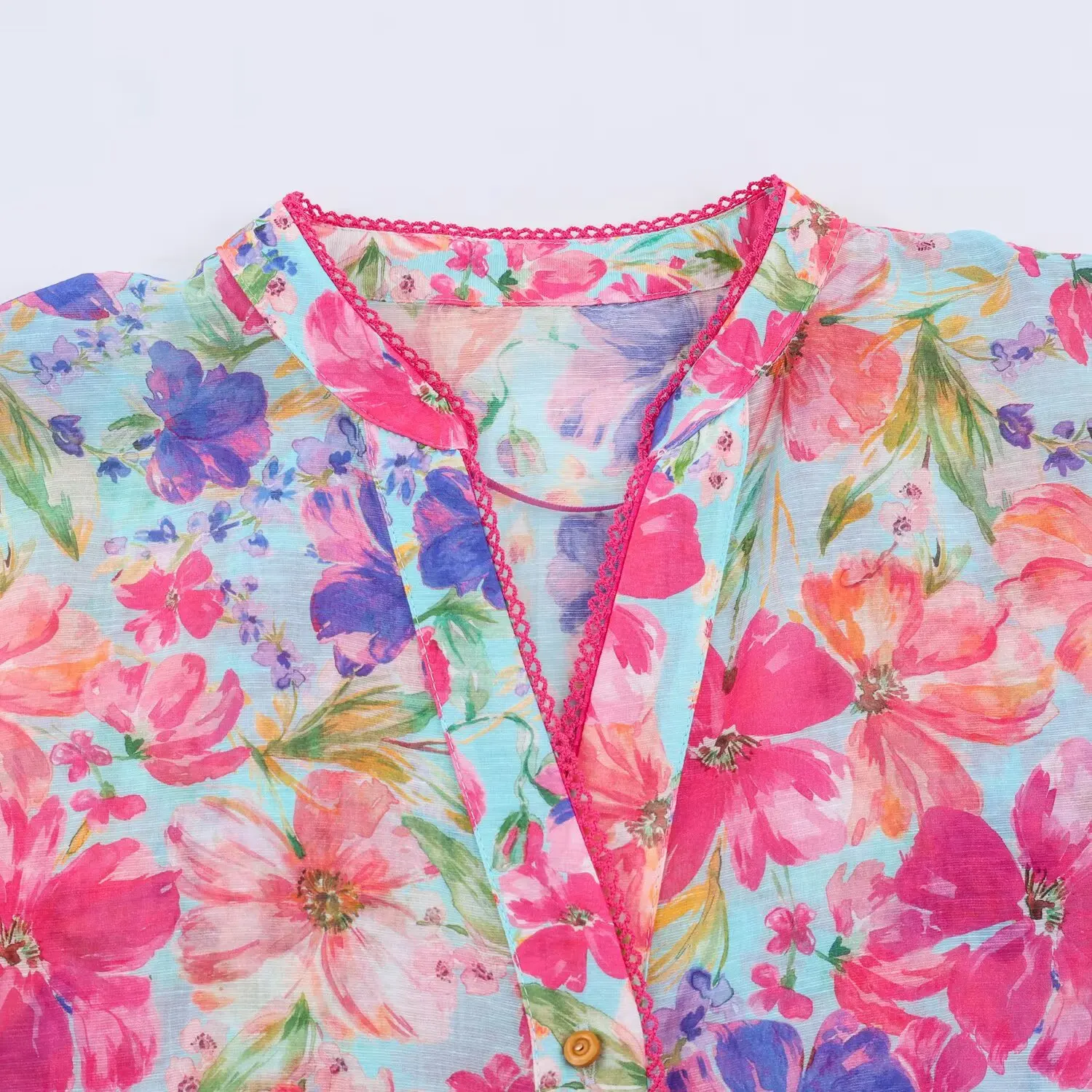 Sommerliche Bluse mit Blumenmuster im Strandstil für Damen, 3/4-Armel, atmungsaktiv, vielseitig, für Büro, Freizeit und Alltag. – Detail 4