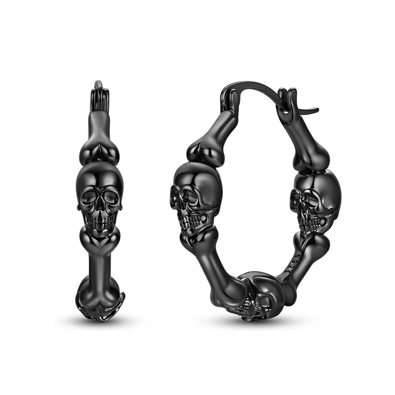 Pendientes de aro con forma de calavera negra de Plata de Ley 925 para mujer, regalos de joyería fina para Halloween