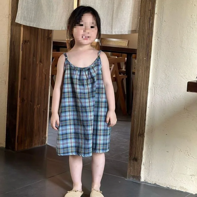 Girl Camisole Dress Korean-style 26 Summer Fashion Soft Cute Plaid Casual Loose Toddlers Baby 2-12 Years Outfit