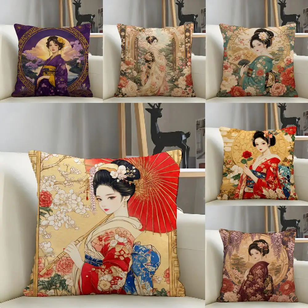 Japanese Style Geisha Cushion Cover Natural Linen Pillow Case Organic Fabric Double Sided Print Sofa Home Decor Gift