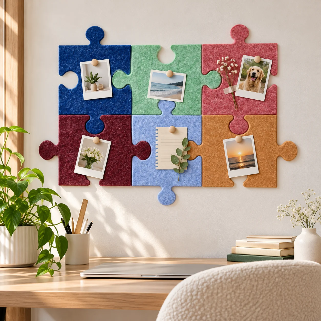 DIY Felt Puzzle Photo Board, Interlocking Felt Wall Tiles for Polaroid Photos, Memo Display and Home Wall Decor