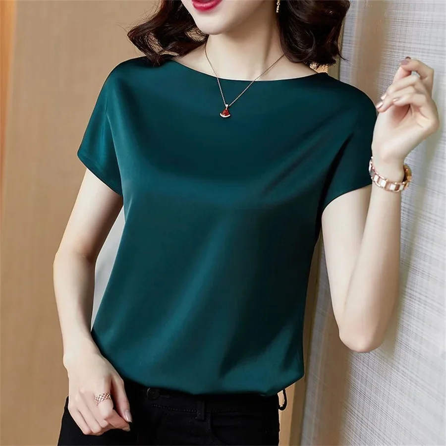 Women Summer Blouse Tops Short Sleeve O-Neck Blouses Satin Blouse Women Shirts Simple Solid Casual Loose Shirt Blusas