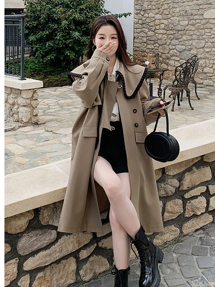 LANMREM Fashion Trench Women\'s Long Sleeves Contrast Color Single Breatsed Mid Length Windbreaker 2024 Autumn New 2Z2362