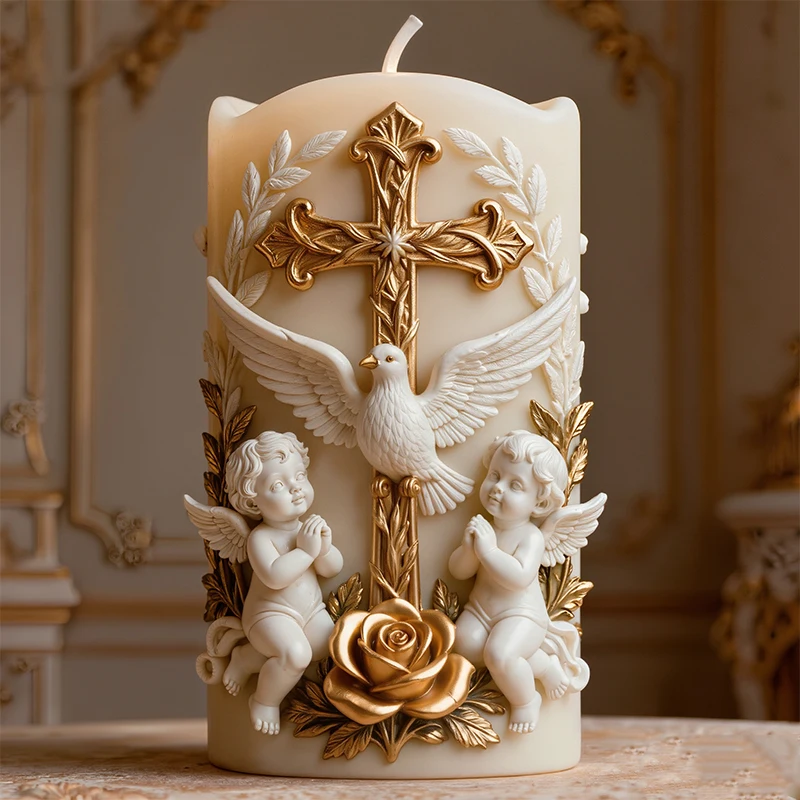 【Bênçãos de Anjo】Molde de Silicone para Fabricação de Presentes Artesanais com Tema de Bênção: Cruz, Pomba Branca, Vela em Formato de Anjo, Aromaterapia DIY
