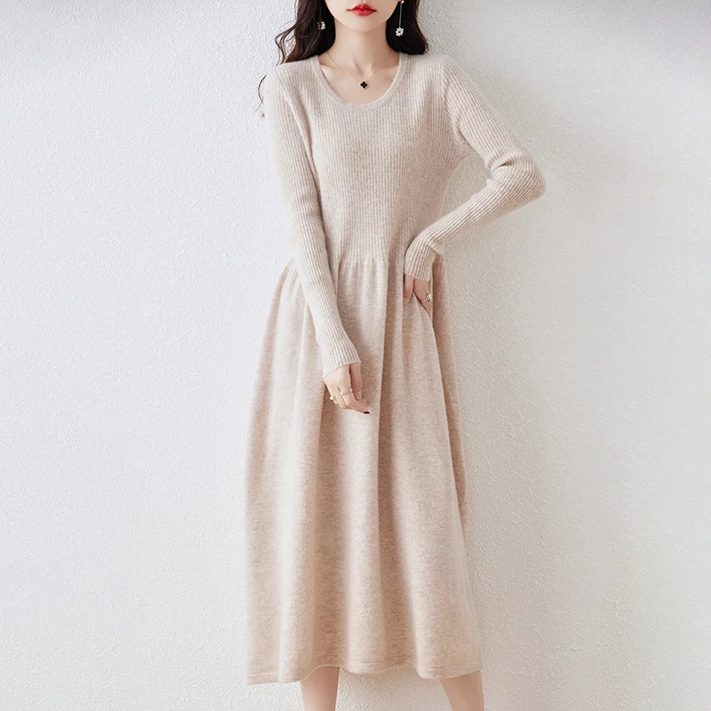 Round Neck Cashmere Dress Women\'s Long Pullover Sweater Autumn And Winter New Knitted Over-The-Knee 100% Pure Wool Skirt