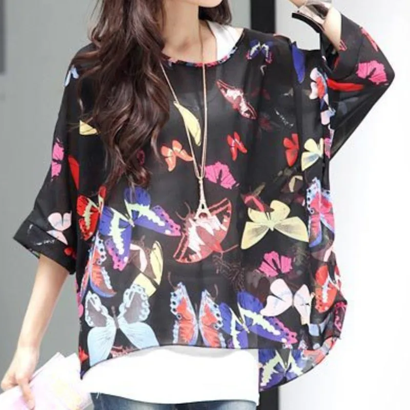 New Bohemian Floral Print Chiffon Blouse Women Shirts O Neck Bat Sleeve Vintage Loose Casual Beach Shirt