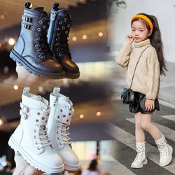 Girls Short Boots Autumn Winter 2024 New Korean Style Children Fashion Casual Short Boots Lace Up Simple Non-slip Kids PU