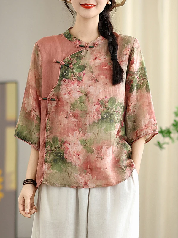 

Свободный хлопковый льняной топ с принтом и воротником-стойкой на пуговицах для женщин больших размеров, летний новый китайский ретро-сле