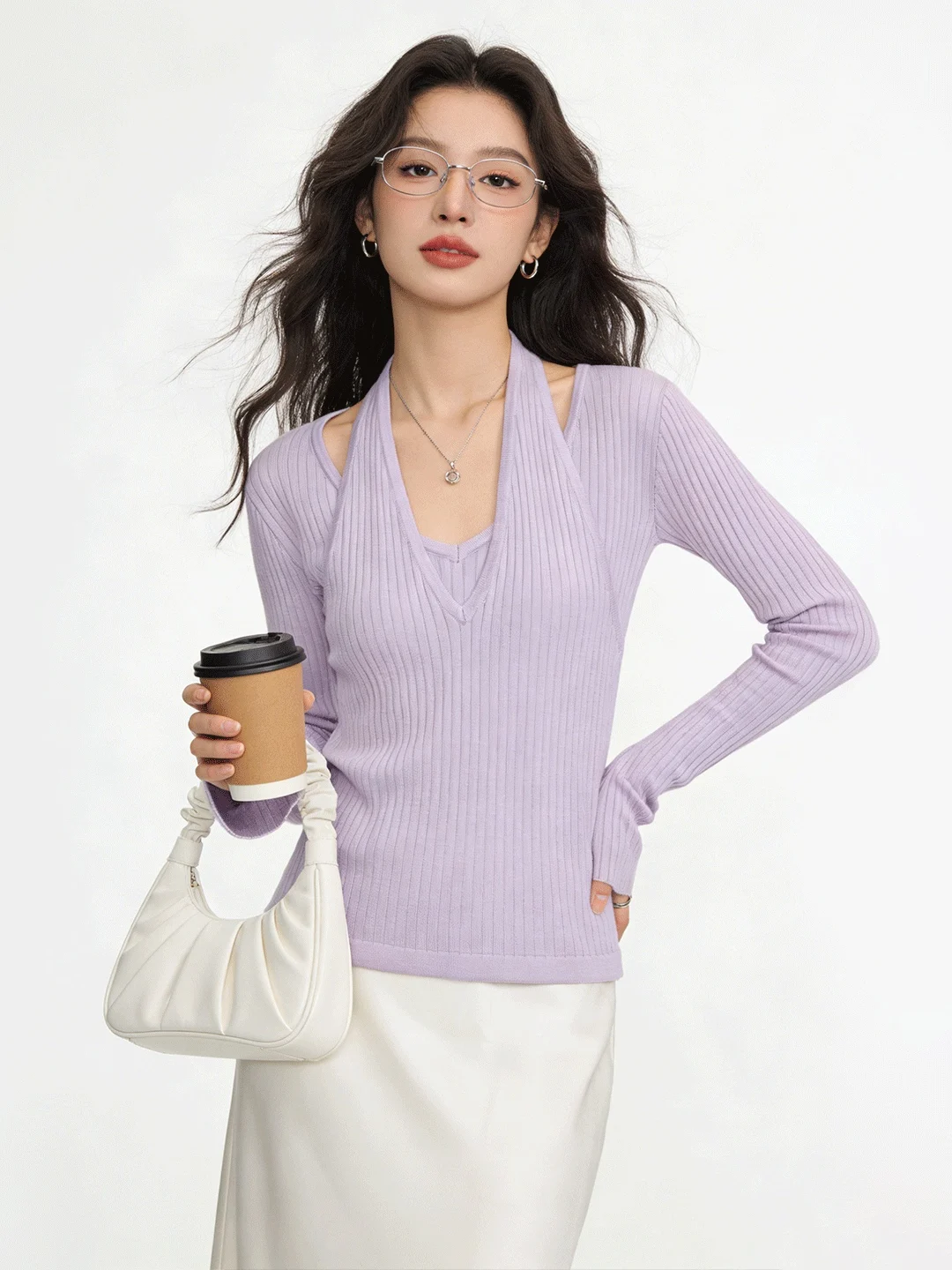 

Light Purple High-End Knitted V-Ne Top 2026 Early Spring Fake Two-Piece Slimming ort Bell Sve Women's Faion Blouse