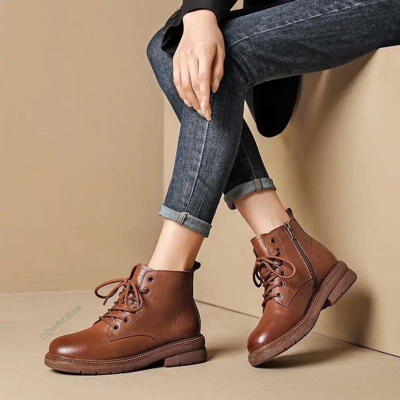 New Genuine Leather Boots Women Lace Up Platform Boots Round Toe Spring Autumn Motorclcle Ankle Boots for Women Shoes