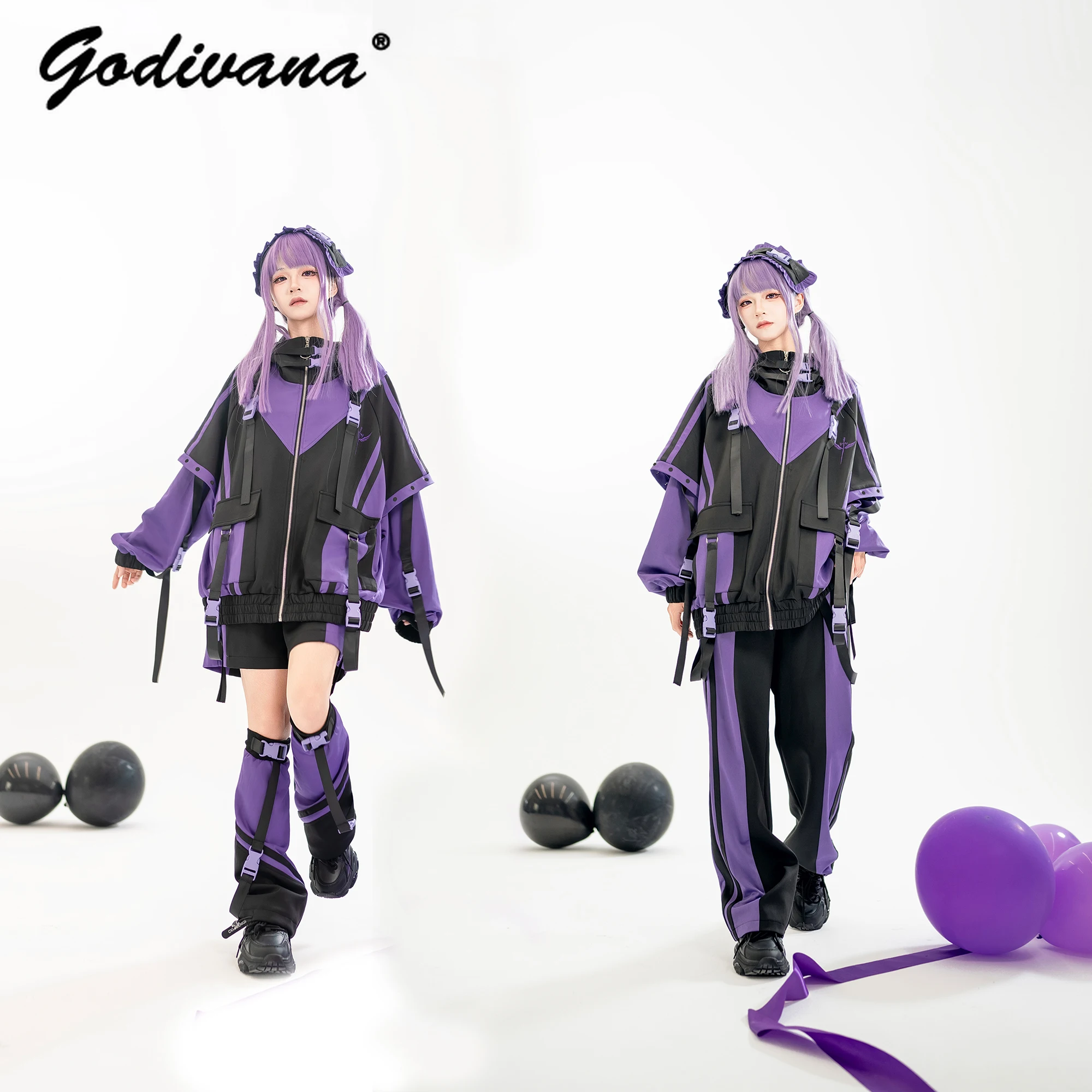 Japanese Mine New Original Y2K Sport Suit Female Girls Cool Color Patchwork Oversized Jacket Shorts and Pants Set Autumn Outfits