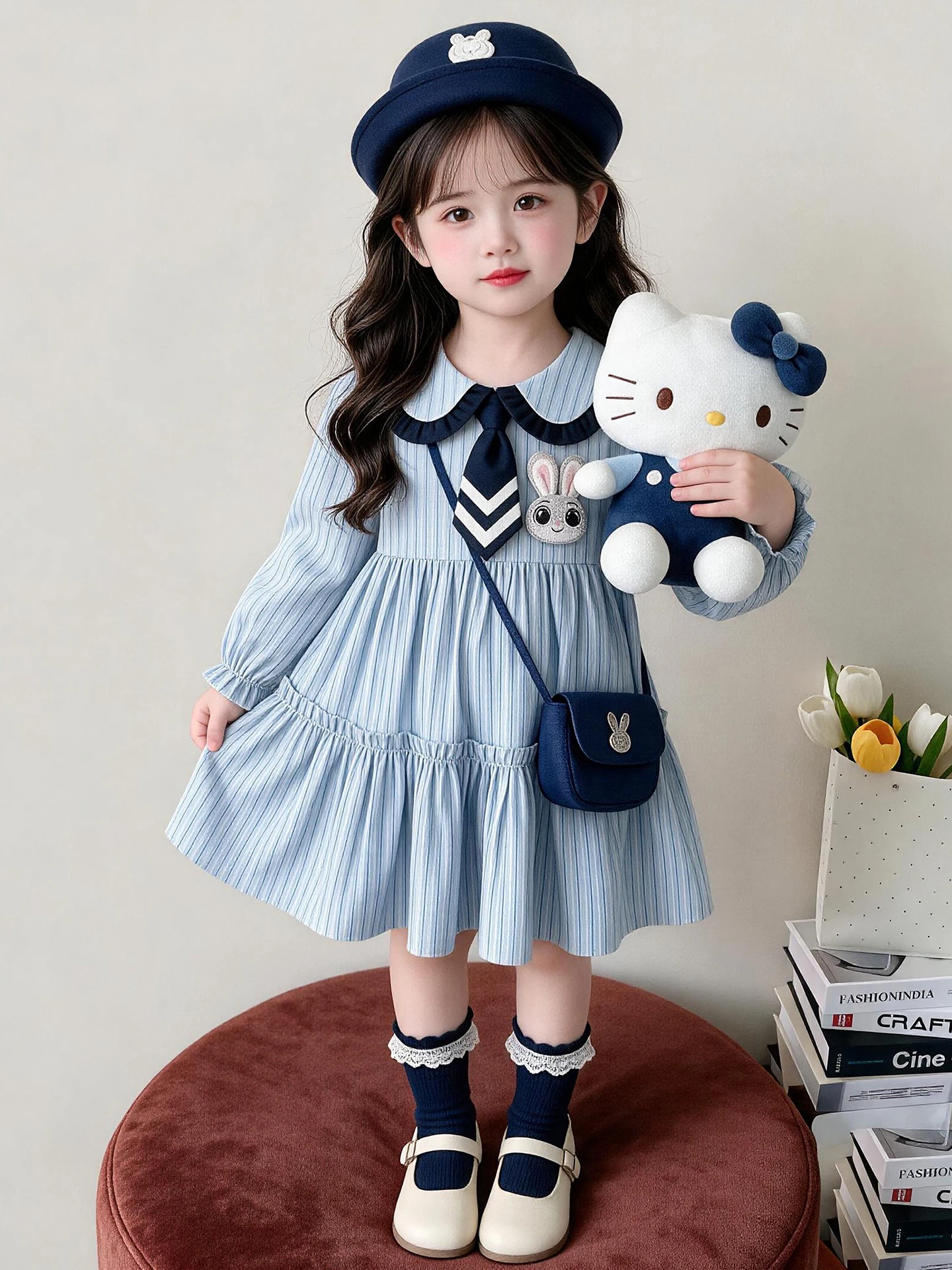 Vestido Estilo Princesa para Meninas, Moda de Outono, Saia-Camisa Infantil, Estilo Universitário, Manga Longa, Fechamento com Zíper, Macio e Confortáv