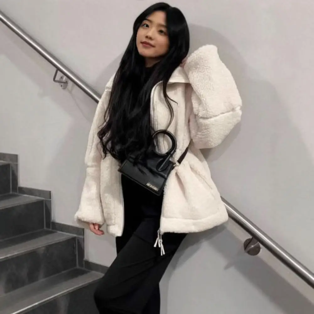 Casual Womens Lambswool Jacket High Collar Warm Coat Solid Color Loose Zipper Autumn Winter Plush Outerwear Elegant Daily Tops