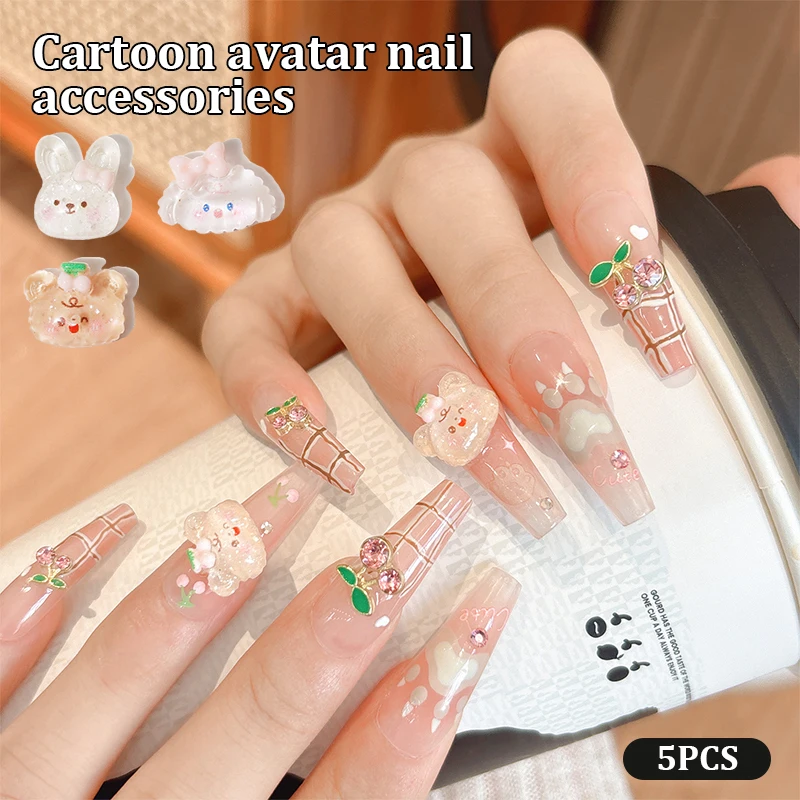 5pcs Mini Cartoon Nail Art Accessories Nail Charms Kawaii Cute Bear Bow Rabbit Nail Art Jewelry DIY Decoration