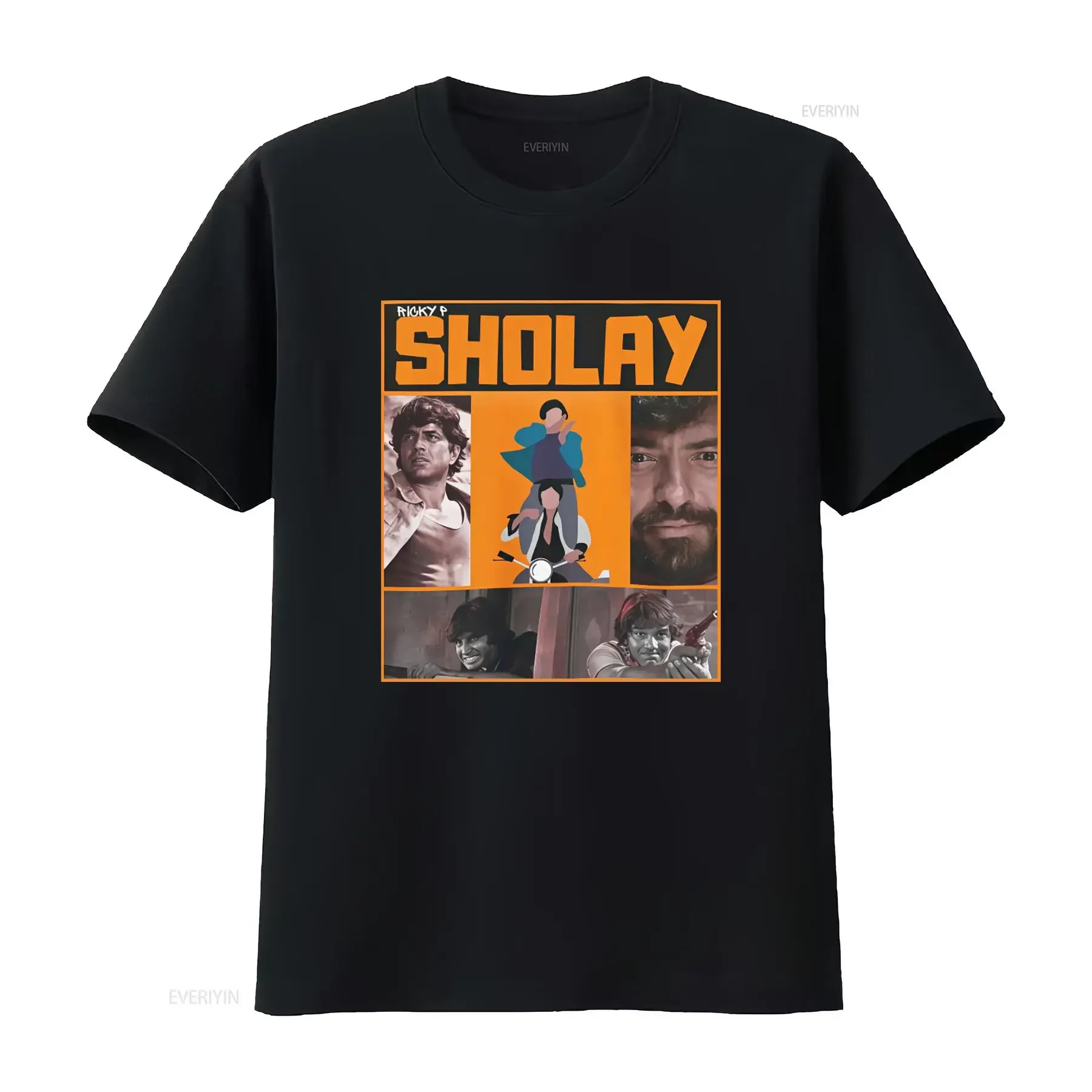 Sholay Bollywood Movie T Shirt By Ricky P Featuring Amitabh Heavy Cotton Retro Design Iconic Characters vintage Washed Slightly
