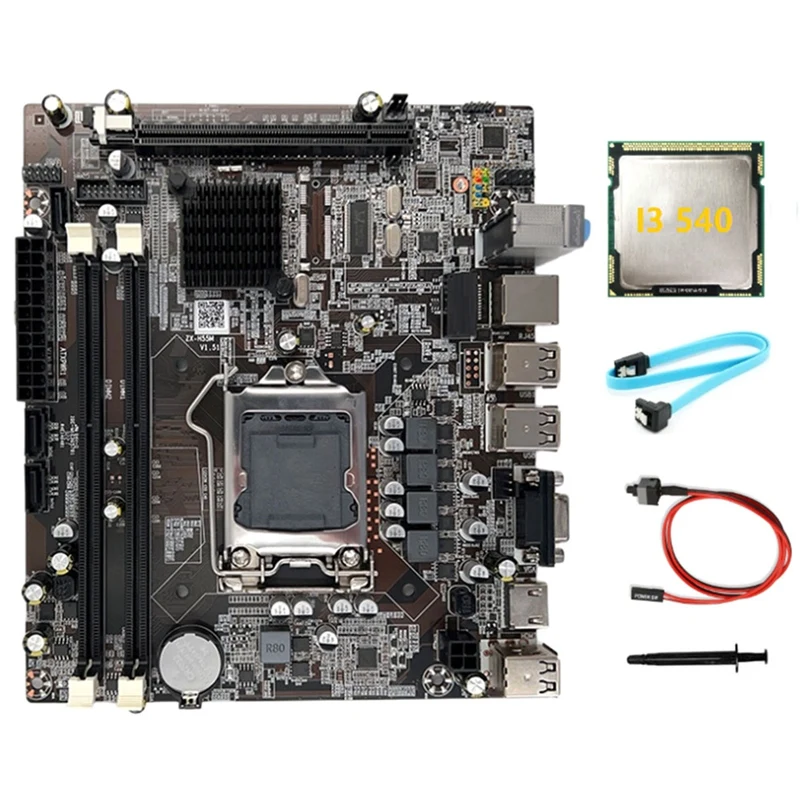 Placa base H55 LGA1156 compatible con memoria DDR3 de CPU serie I3 530 I5 760 + CPU I3 540 + Cable SATA + Cable de interruptor + grasa térmica