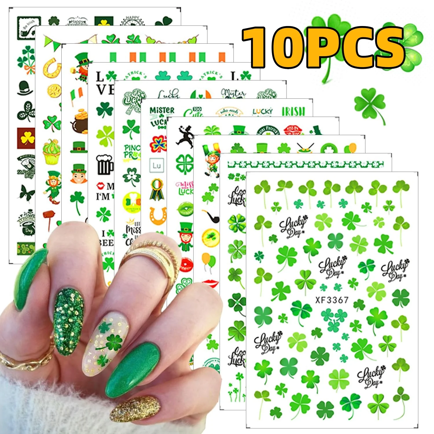 10Pcs Cartoon St. Patrick's Day Nail Stickers set Four Leaf Clover Nail Decals Green Nail Decals For Festival Manicure Accessory