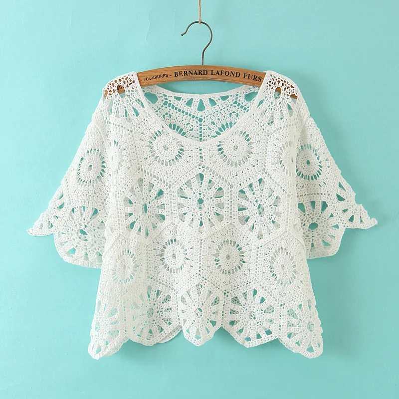 Women\'s -Sleeved Hollow-out Sweater Summer Crocheted 2024 New Loose Short Pullover Blouse