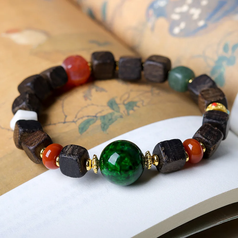 Dalan Agarwood Square Bead Chinese Style Bracelet with Green Horn-like and Old Agate Beads for Women Gifts