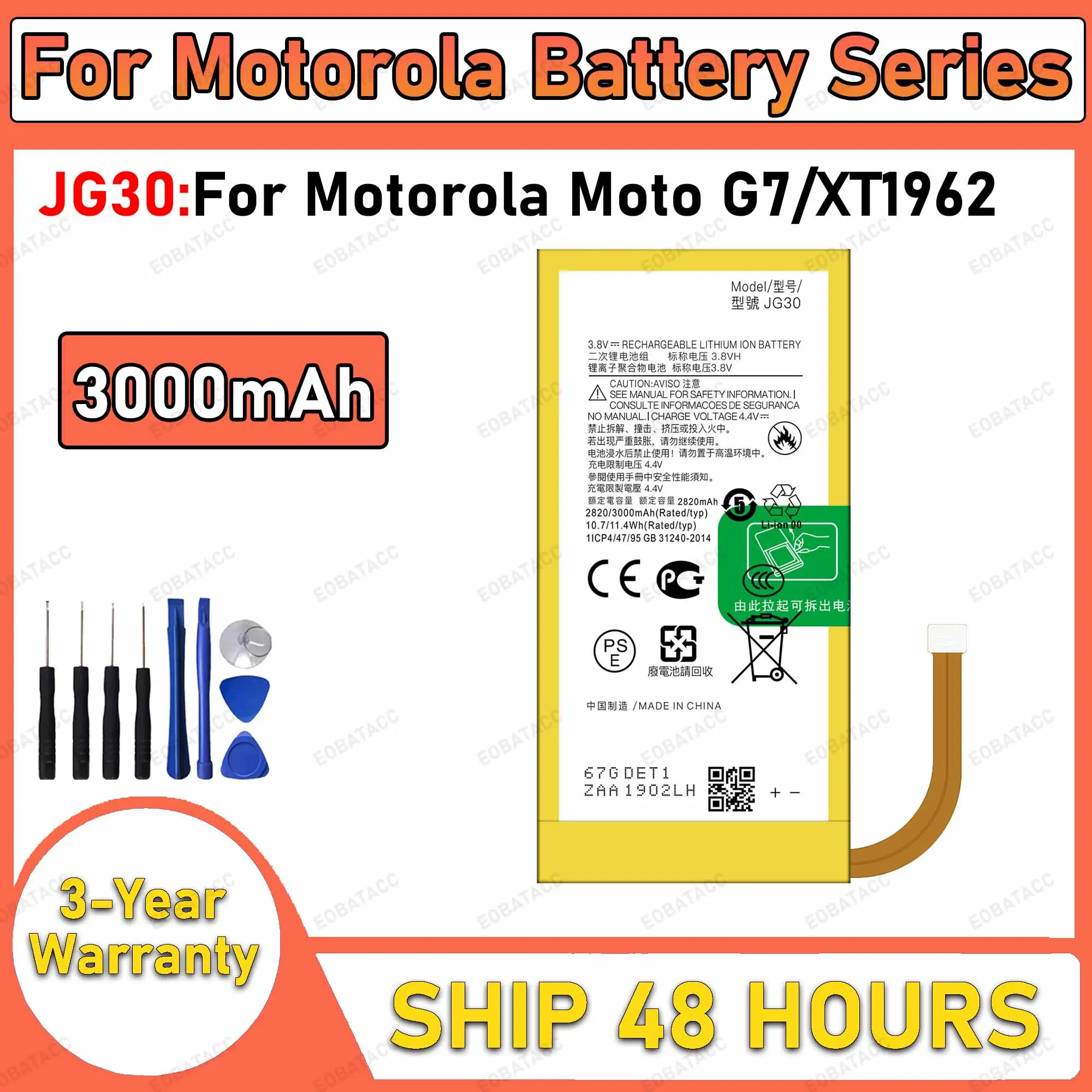Аккумулятор JG30 3000 мАч, 100% новый, для Motorola Moto G7/XT1962, замена батареи + бесплатные инструменты